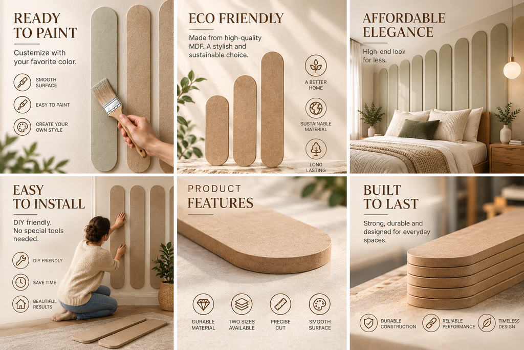 A six-panel promotional graphic for a wall paneling product. The panels feature text callouts such as 'READY TO PAINT', 'ECO FRIENDLY', 'AFFORDABLE ELEGANCE', 'EASY TO INSTALL', 'PRODUCT FEATURES', and 'BUILT TO LAST', alongside lifestyle photos showing a hand holding a paintbrush, a person installing the panels, a stack of curved panels, and a styled bedroom with the panels applied.