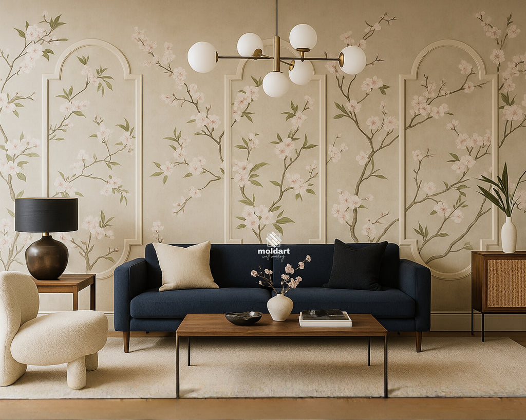 decorative arch molding trim creating accent wall panels-Modern living room with a navy blue sofa, decorative pillows, and a floral wall design.