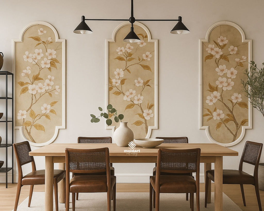 decorative arch molding trim creating accent wall panels- Dining room with wooden table and chairs, floral wall art, and a vase.