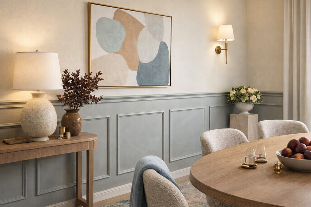 modern wall trim frame kit decorative half of wall molding panel interior accent wall- Dining room with round wooden table, chairs, and abstract art on the wall.