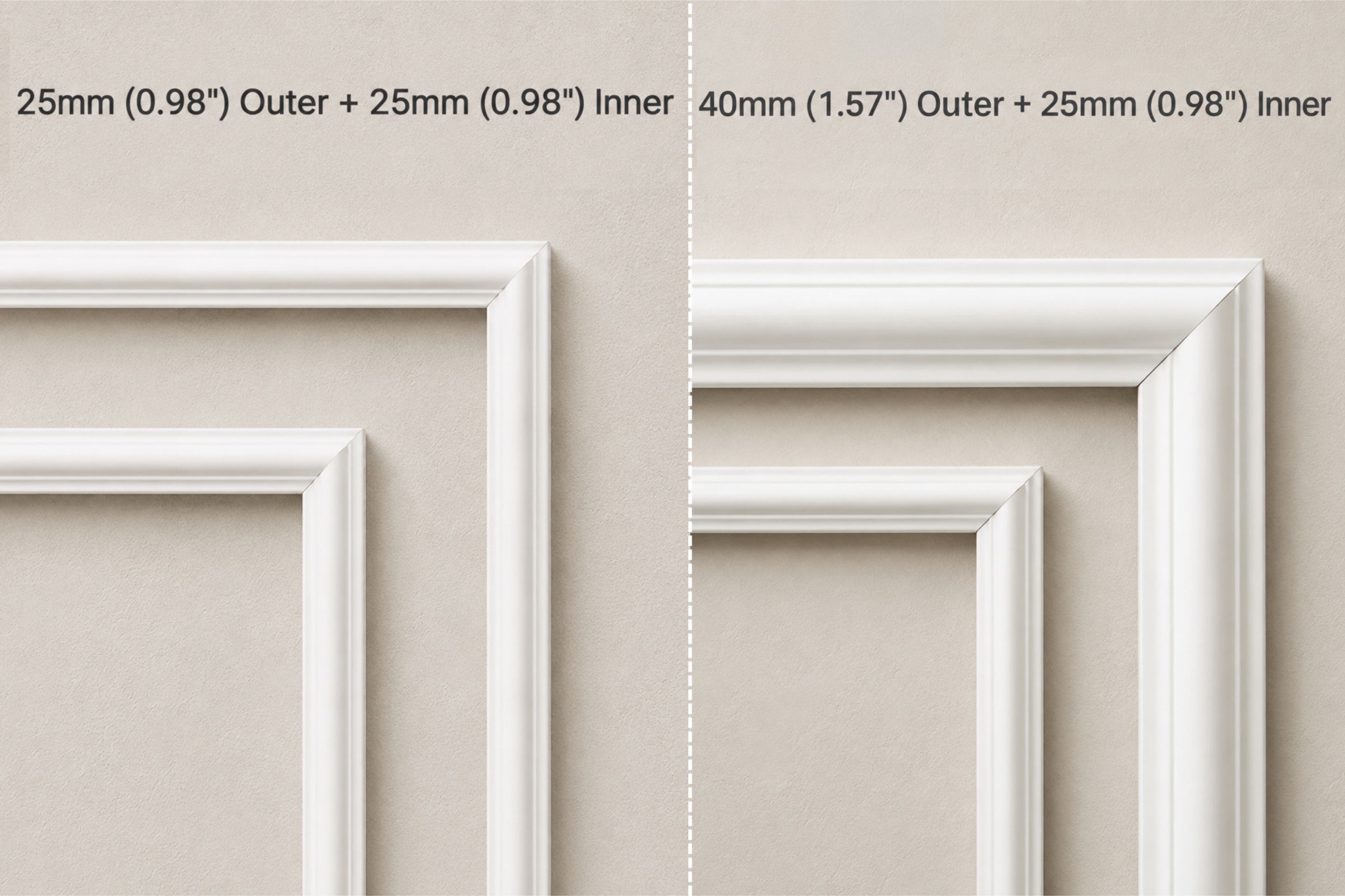 White decorative nested frame samples shown in two width options against a beige wall, with text indicating 25mm outer plus 25mm inner for the left sample and 40mm outer plus 25mm inner for the right sample.