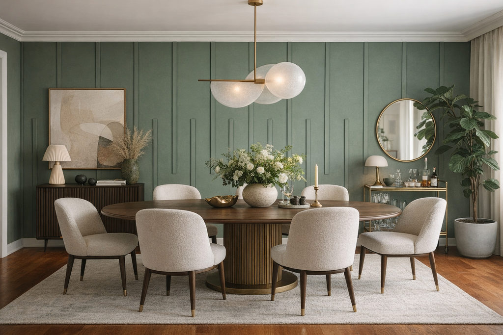 decorative wall molding accent wall installed in modern dining room with green paneled walls, wooden table, and beige chairs.