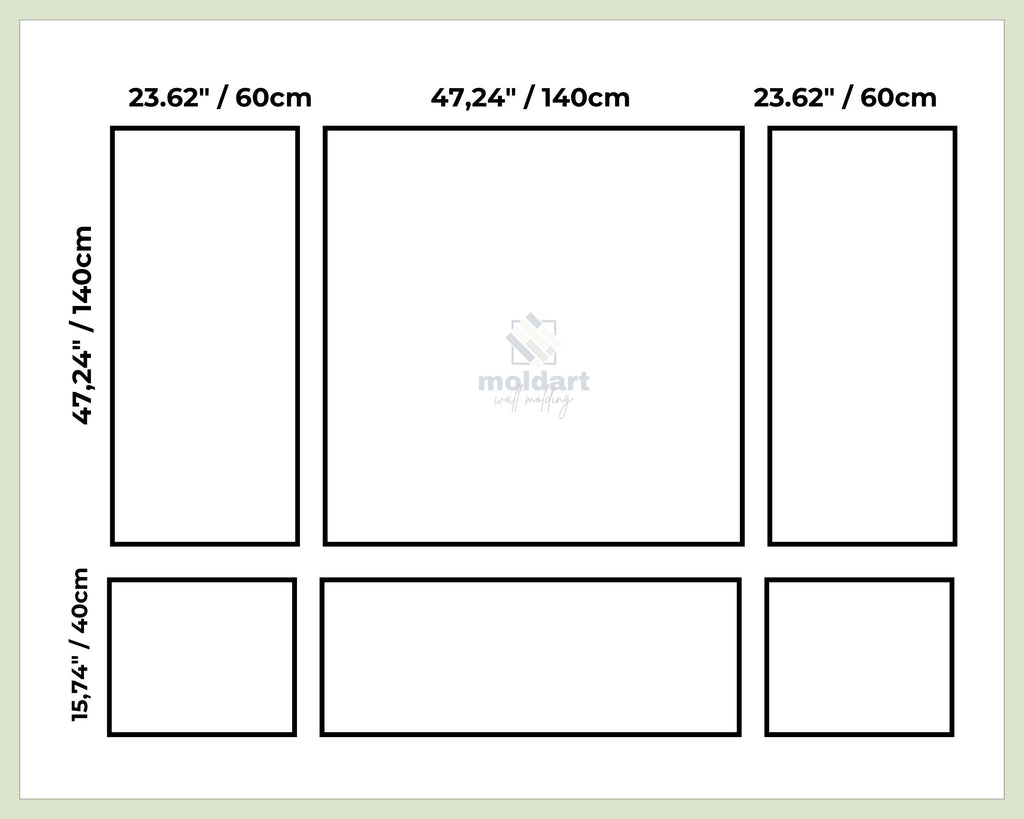 wall molding kit measurements diagram showing trim dimensions for picture frame wall molding accent wall layout-Measurement chart with dimensions in inches and centimeters,