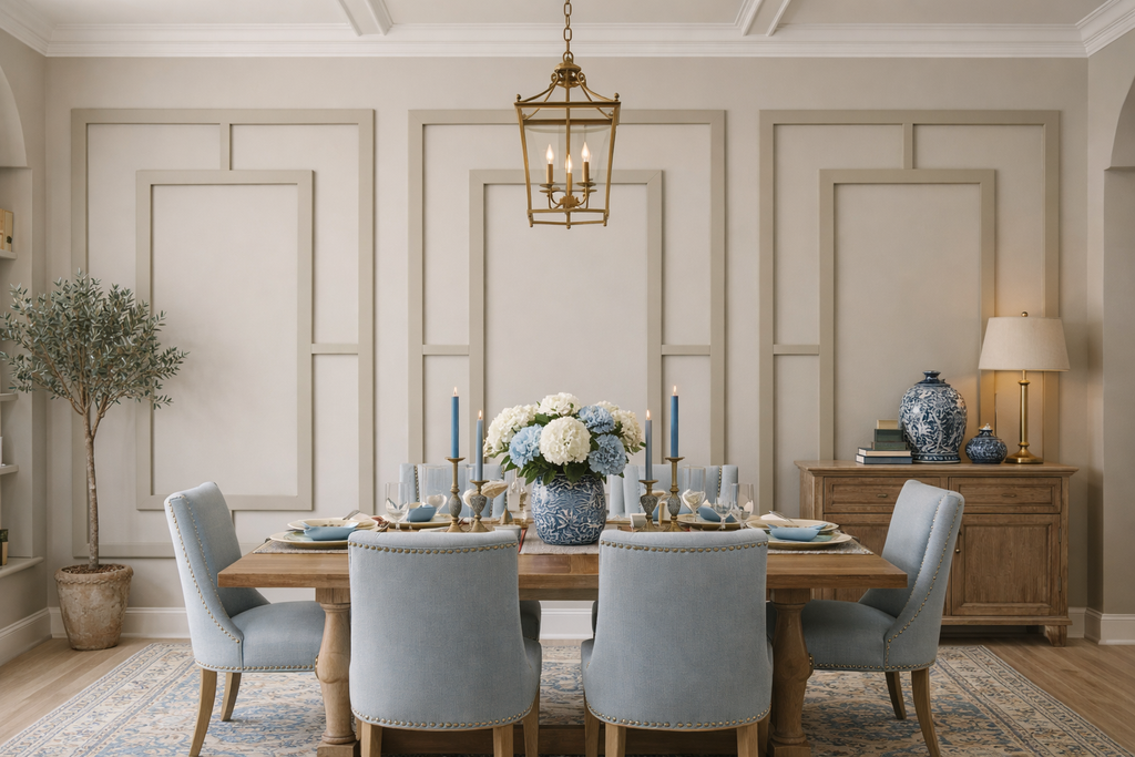 Elegant  dining room wall with classic wall molding panel design using paintable polystyrene trim and modern interior styling, with wooden table, gray chairs, and decorative elements.