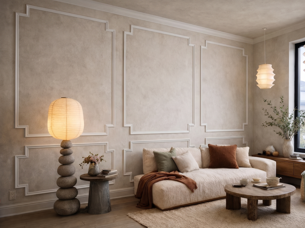 Elegant living room accent wall featuring classic corner picture frame molding- with A floor lamp with a stacked stone base and a paper shade stands next to a round wooden side table. 