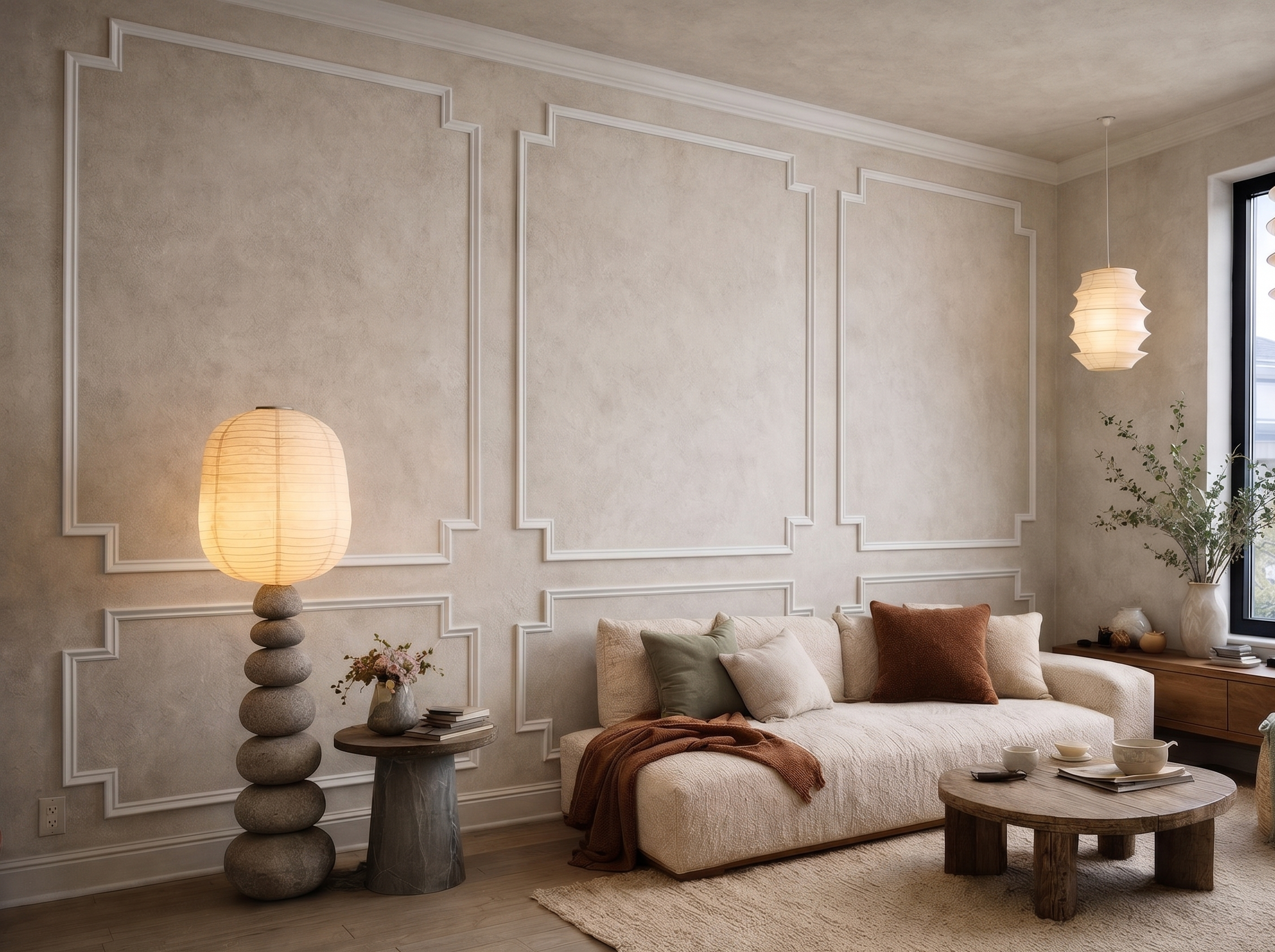 Elegant living room accent wall featuring classic corner picture frame molding- with A floor lamp with a stacked stone base and a paper shade stands next to a round wooden side table. 