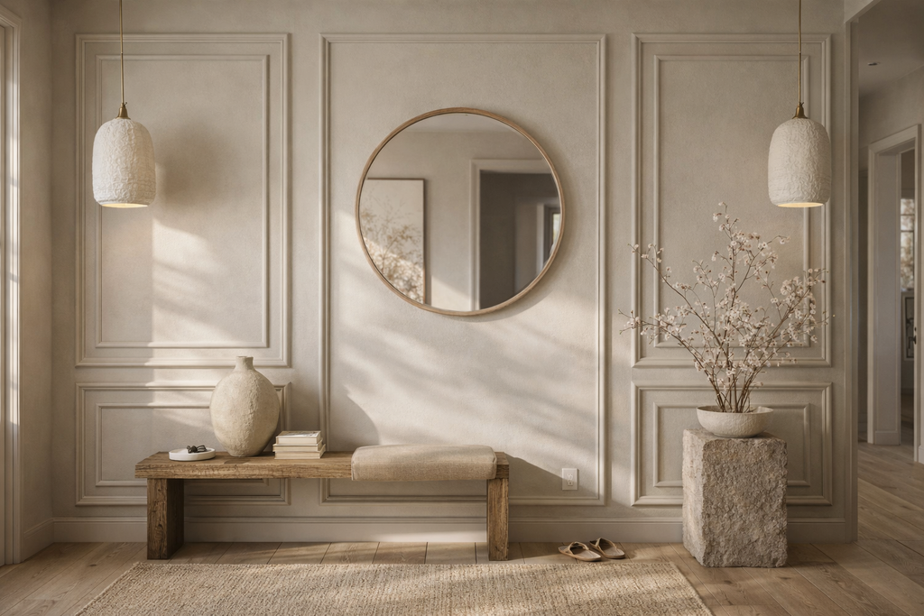 elegant wall frame molding kit installed on accent wall decorative polystyrene wall trim panels- Modern interior design with gray paneled walls, a mirror, table, and decorative items.