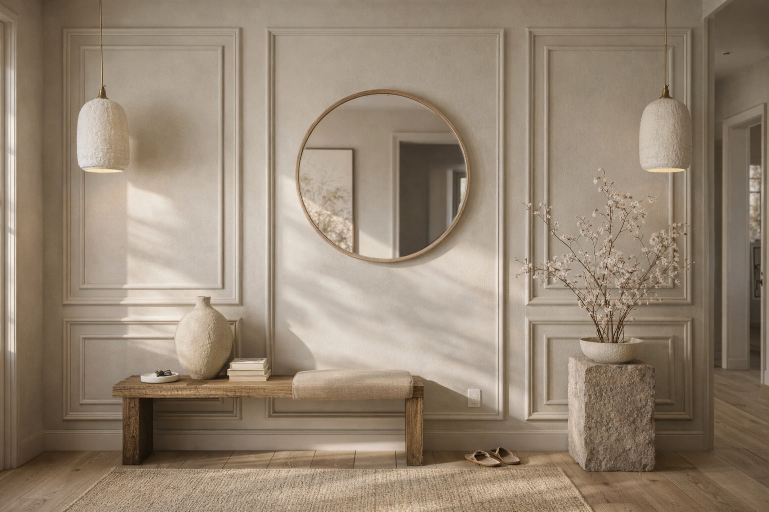 elegant wall frame molding kit installed on accent wall decorative polystyrene wall trim panels- Modern interior design with gray paneled walls, a mirror, table, and decorative items.