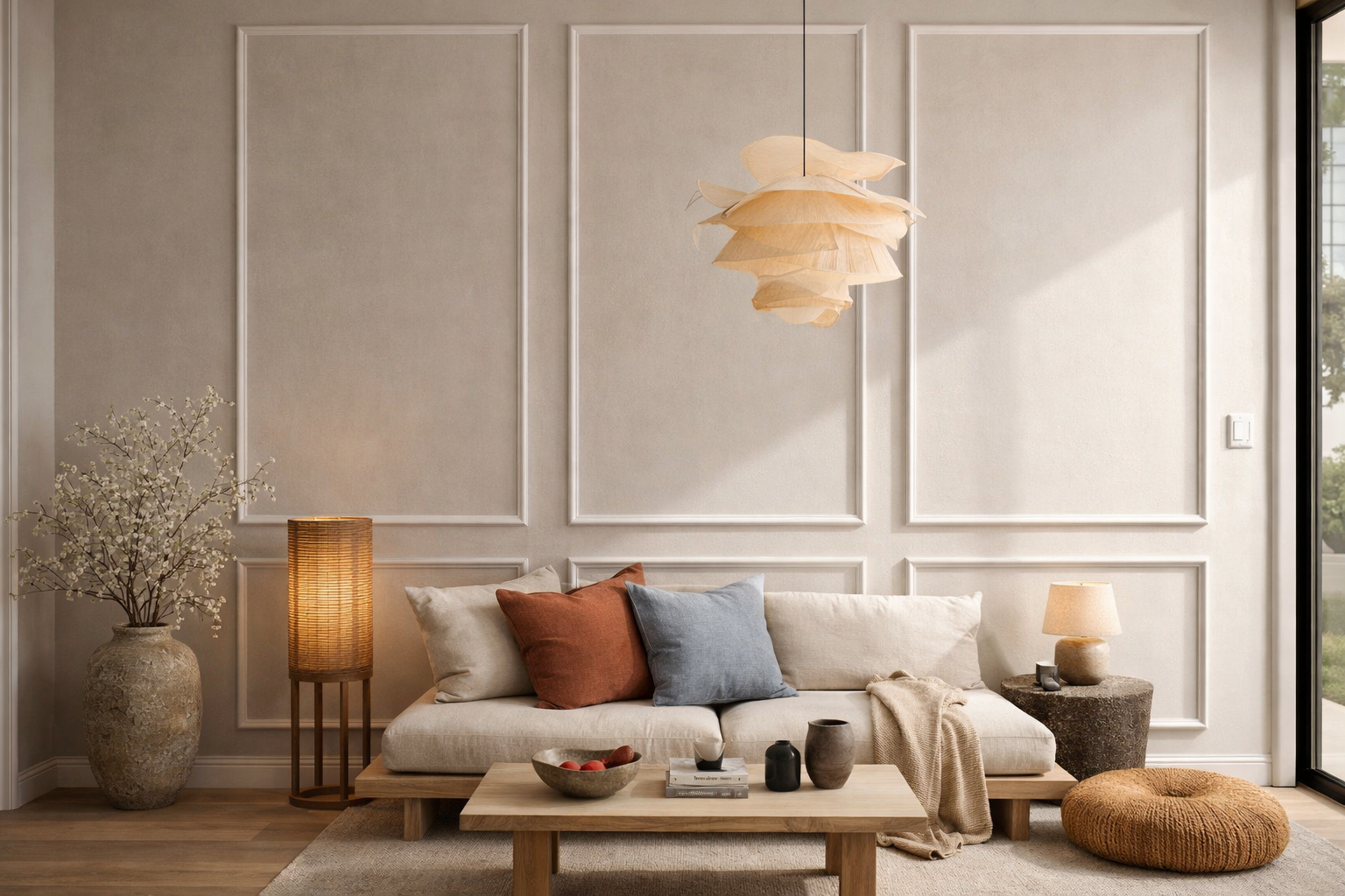 Modern living room with framed wall molding, a beige sofa, wooden coffee table, and decorative elements.