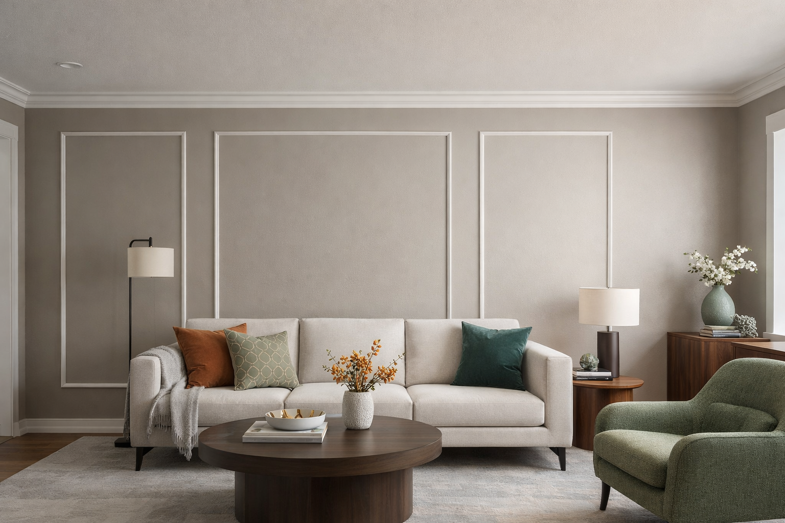 Modern living room with framed wall trim, a beige sofa, a coffee table, and an armchair.