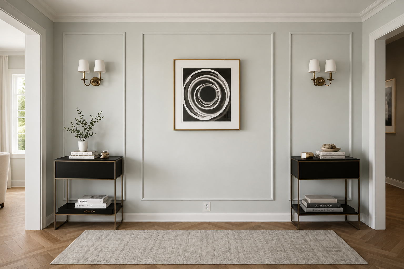 A styled interior room with a light gray paneled wall, a black-and-white abstract spiral artwork centered above a white rug, two black side tables with books and vases, and wall sconces on both sides.