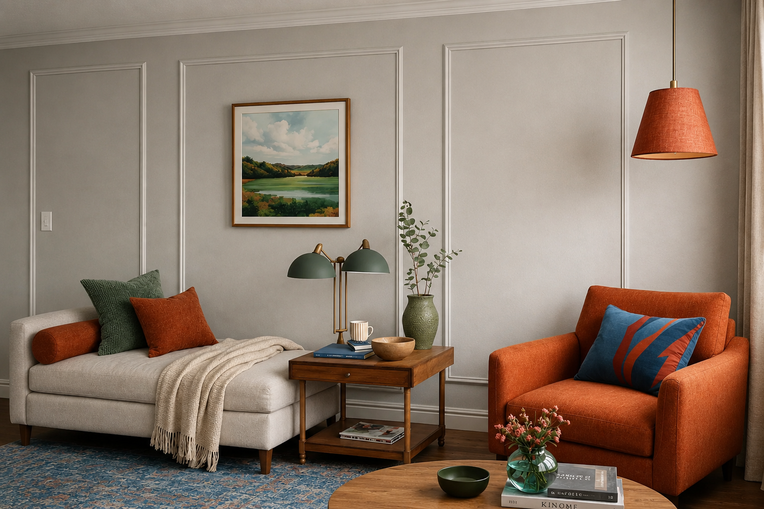 A styled living room interior with a cream chaise lounge, an orange armchair, a wooden side table with green lamps, a framed landscape painting on a gray paneled wall, and a hanging orange pendant light.
