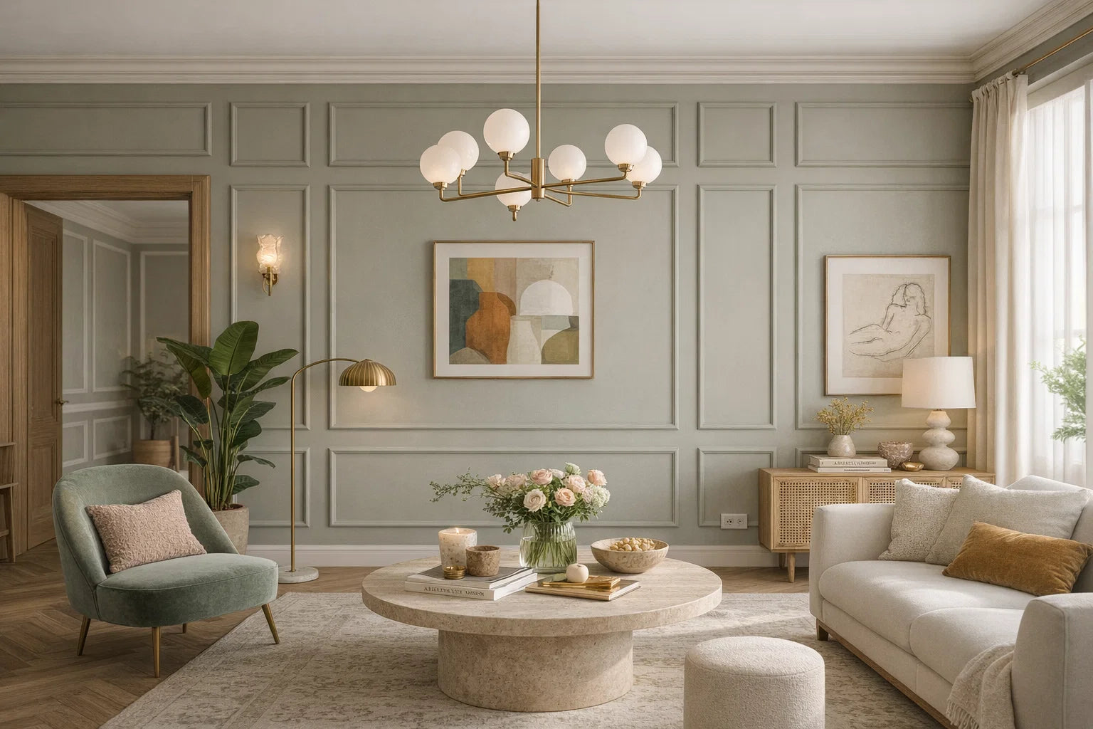 A beautifully styled living room featuring sage green paneled walls, a white sofa, a teal armchair, a round stone coffee table, and a modern multi-light chandelier.