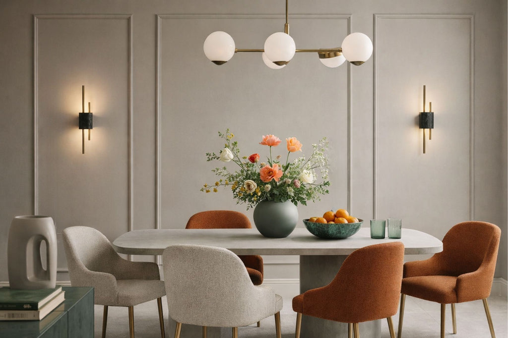 three frame wall molding kit decorative accent wall panels picture frame molding interior wall design-Modern dining room with a table, chairs, and decorative elements.