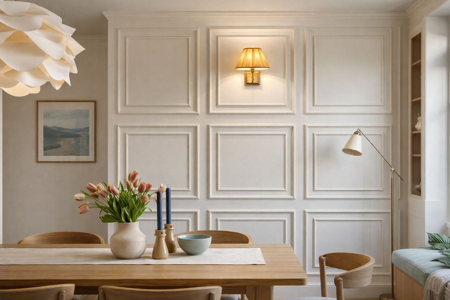 Dining room with wooden table, chairs, and decorative elements on a paneled wall- full wall panel molding layout using multiple nested frame panels.