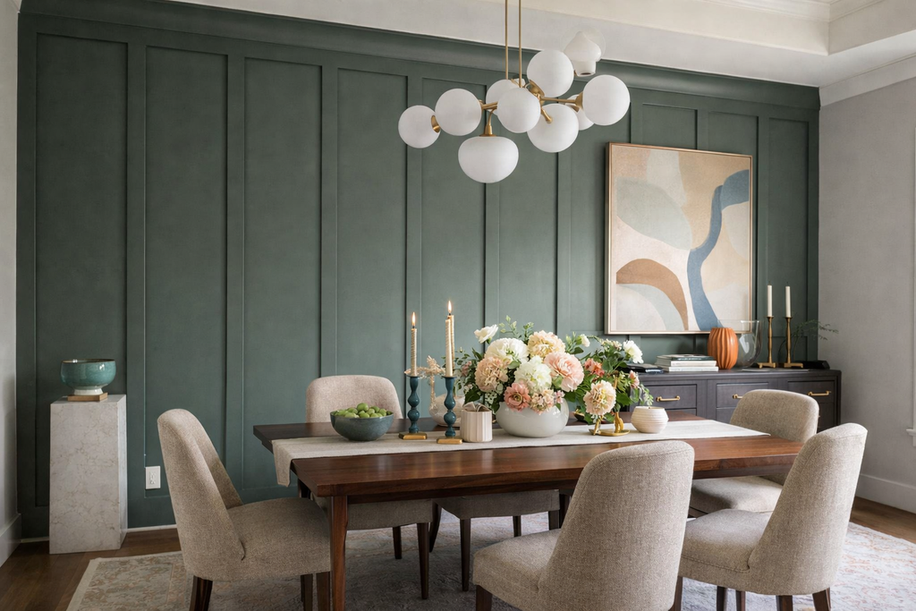 full wall shaker board and batten paneling installed in modern dining room- Dining room with a wooden table, chairs, and decorative elements against a green paneled wall.