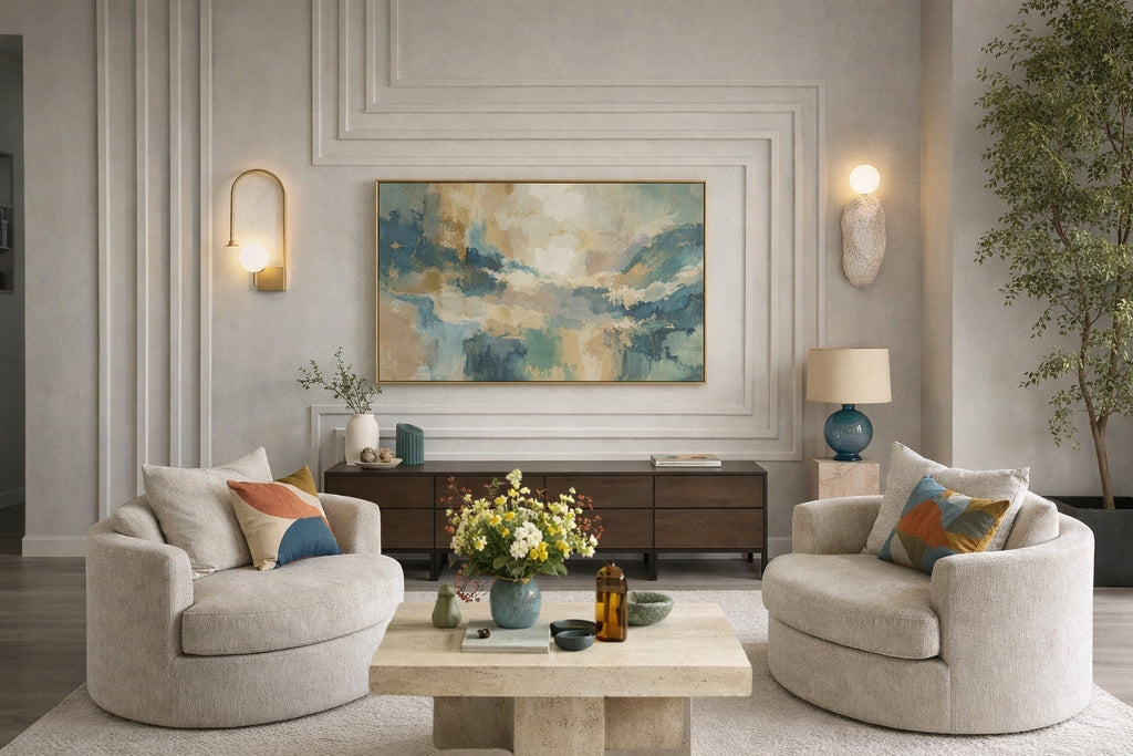 Contemporary feature wall with geometric U-shaped wall molding surrounding framed artwork using 4cm paintable polystyrene molding.
