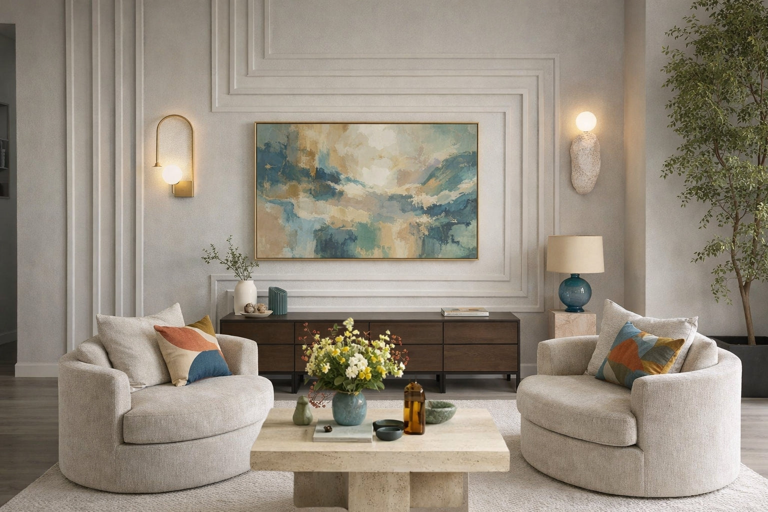 Contemporary feature wall with geometric U-shaped wall molding surrounding framed artwork using 4cm paintable polystyrene molding.