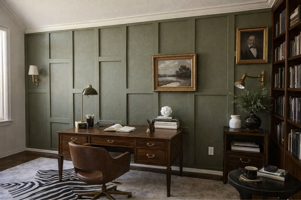 Stylish office room featuring geometric wall molding panels with architectural trim design and elegant interior style with a wooden desk, and bookshelves.