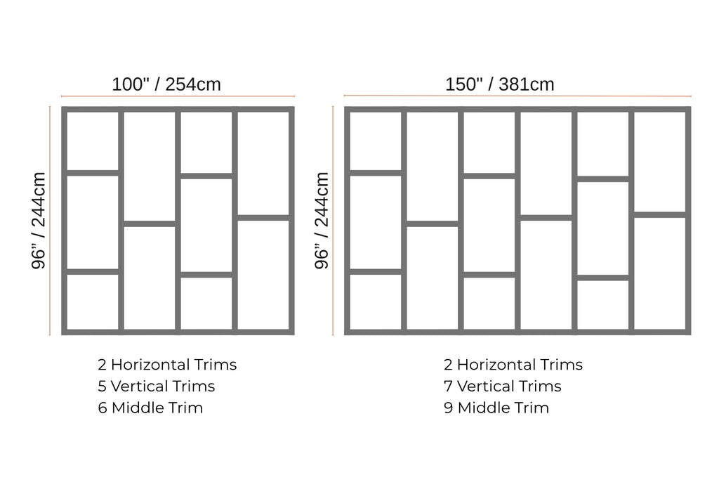 Wall molding layout showing panel measurements, vertical trims and horizontal trim design options