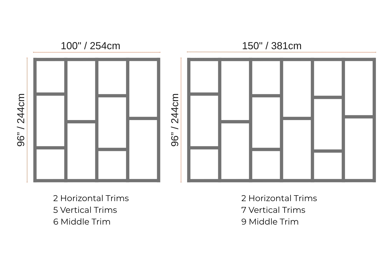 Wall molding layout showing panel measurements, vertical trims and horizontal trim design options