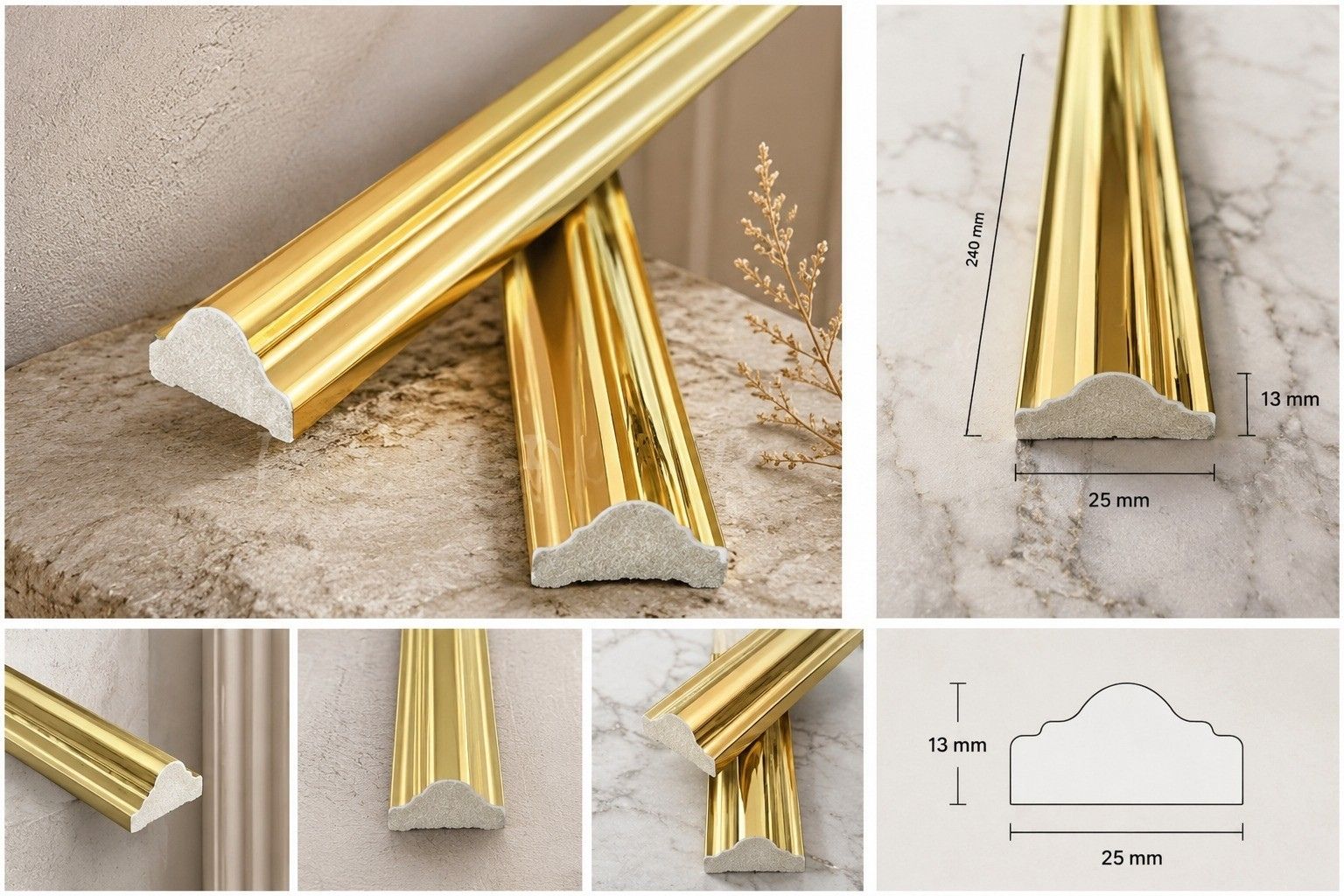 Collage showing a gold decorative molding or trim piece with white backing, including close-up views, dimension callouts (25 mm, 13 mm), and a profile diagram.