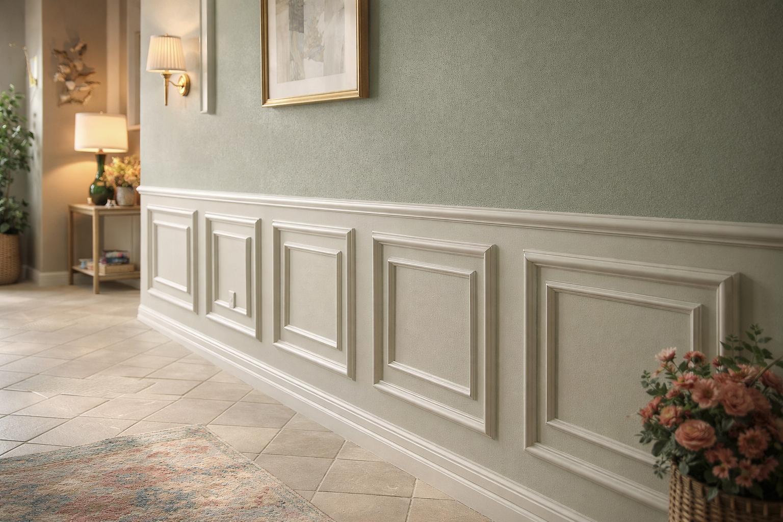Decorative wainscoting on a wall with framed artwork and a lamp. Half wall molding design with chair rail and nested frames