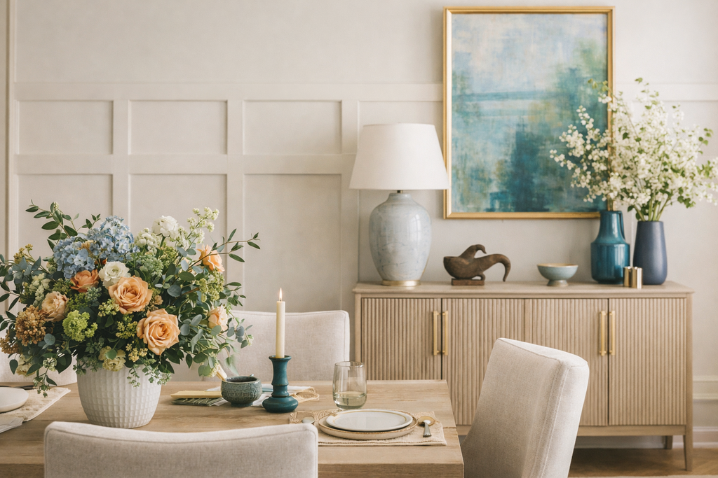 half wall decorative panel molding installed in elegant dining room-Dining room with floral arrangements, a lamp, and a painting on the wall.