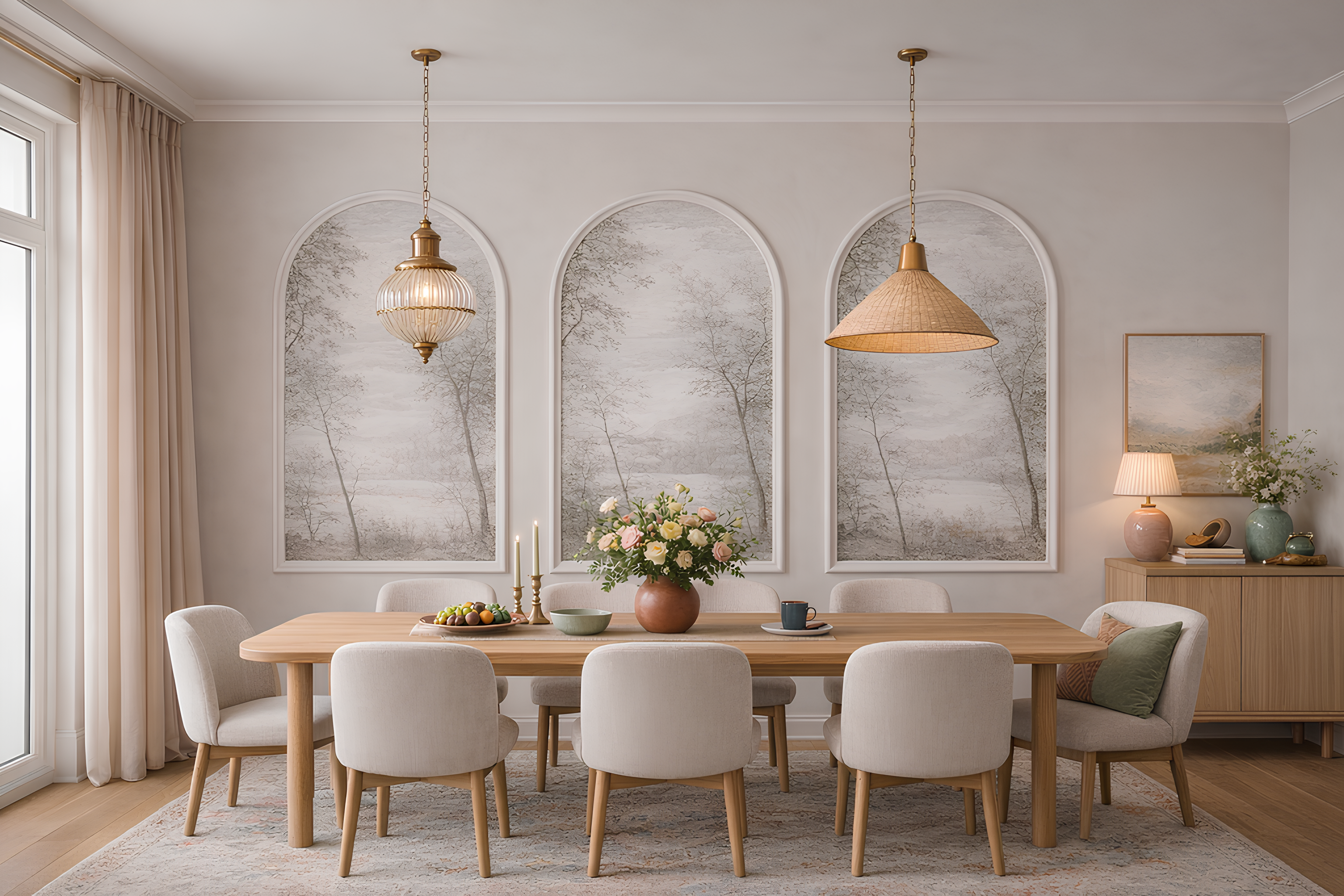 Dining room with arched wall molding, wooden table, chairs, and wall art. 