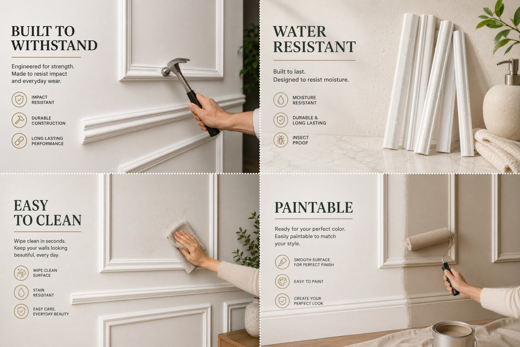 A four-panel promotional collage showing interior wall panels installed in a room. Text callouts read 'BUILT TO WITHSTAND,' 'WATER RESISTANT,' 'EASY TO CLEAN,' and 'PAINTABLE,' with hands using a hammer and wiping a surface.