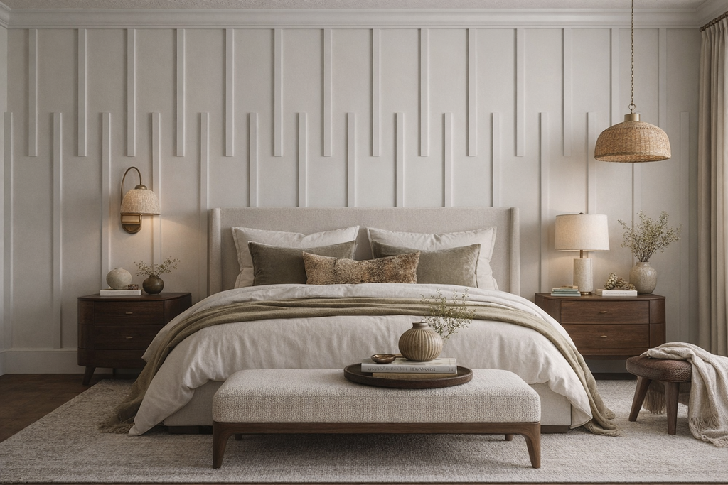 lightweight paintable wall trim forming decorative wall panels-Neatly arranged bedroom with a bed, nightstands, and decorative elements.