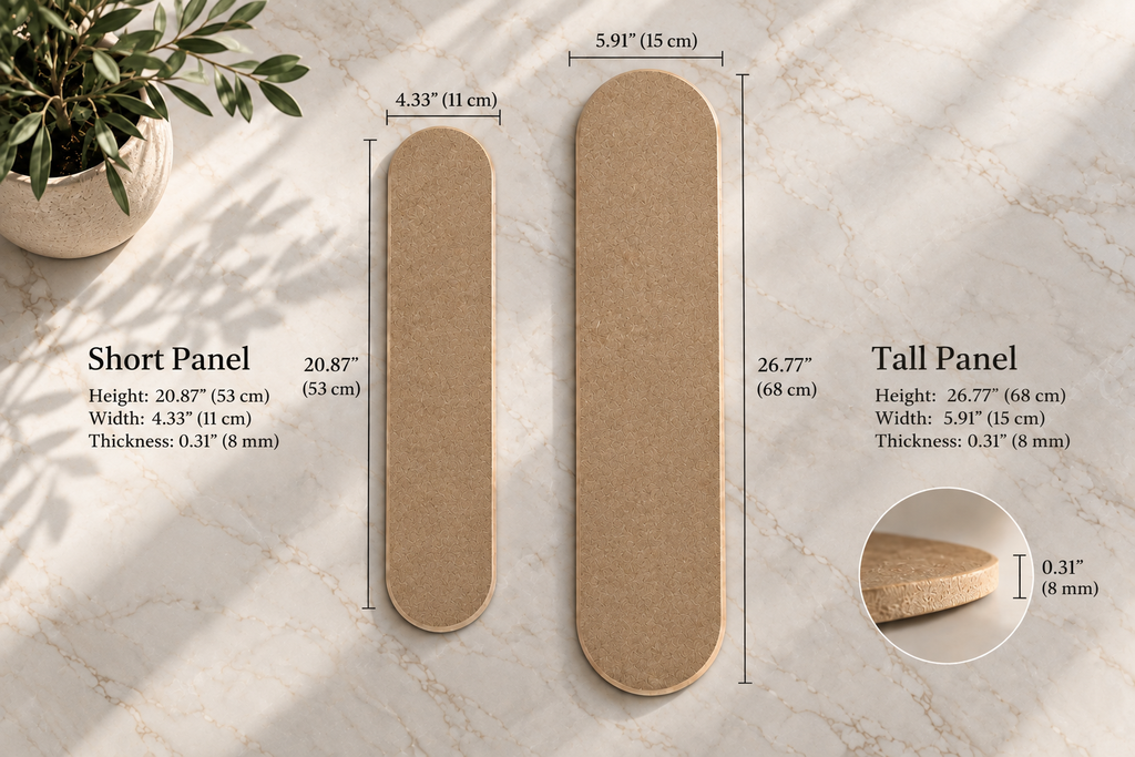 Two natural wood nail files shown on a light marble surface with dimension labels for short and tall panels, plus a small circular inset showing thickness.