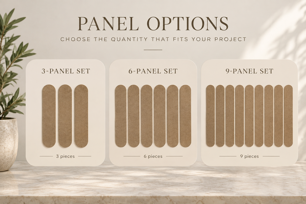 A product information graphic showing three panel set options labeled 3-panel set, 6-panel set, and 9-panel set, with the heading 'PANEL OPTIONS' and a marble surface with a plant at the side.