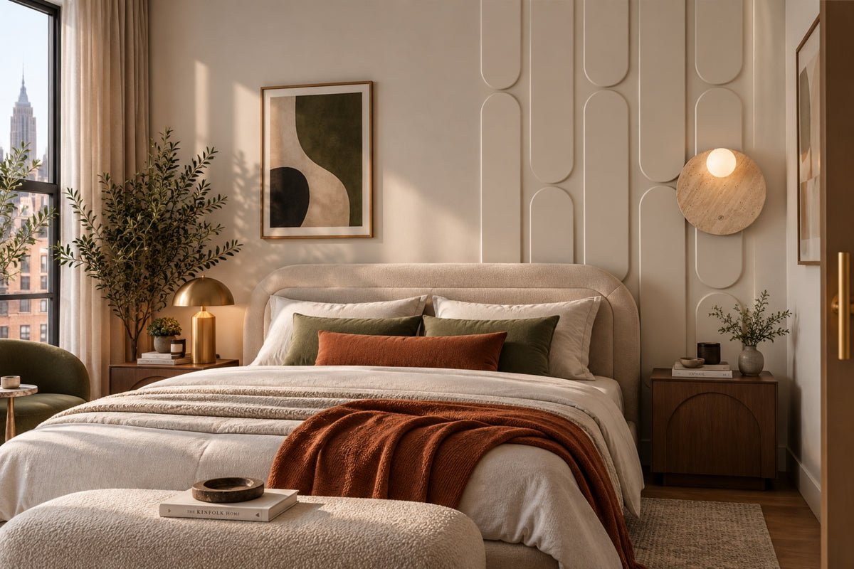 A beautifully styled modern bedroom featuring a bed dressed in cream bedding with green and rust accent pillows, a textured beige upholstered headboard, a decorative wall panel, and warm ambient lighting.