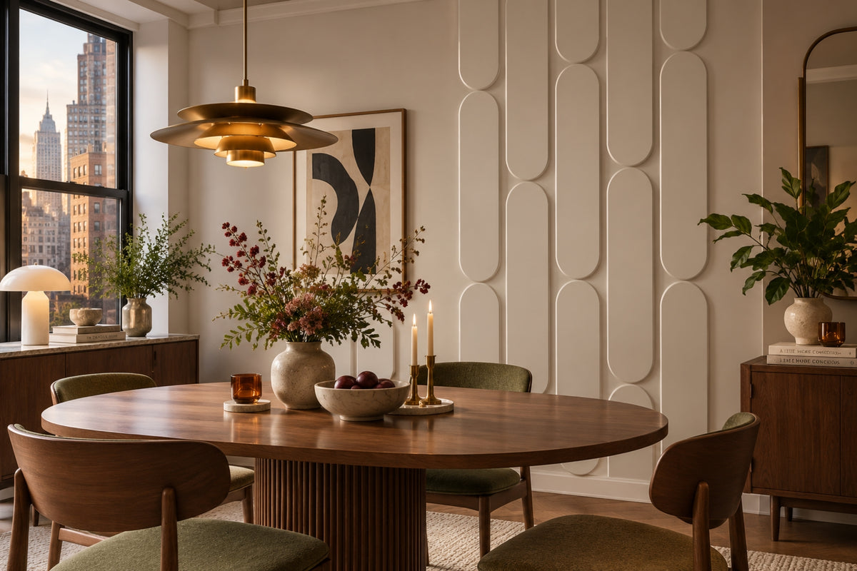 A styled dining room interior featuring a round wooden dining table with green upholstered chairs, a brass pendant light, a large window with a city skyline view, and a decorative wall with vertical oval panels.