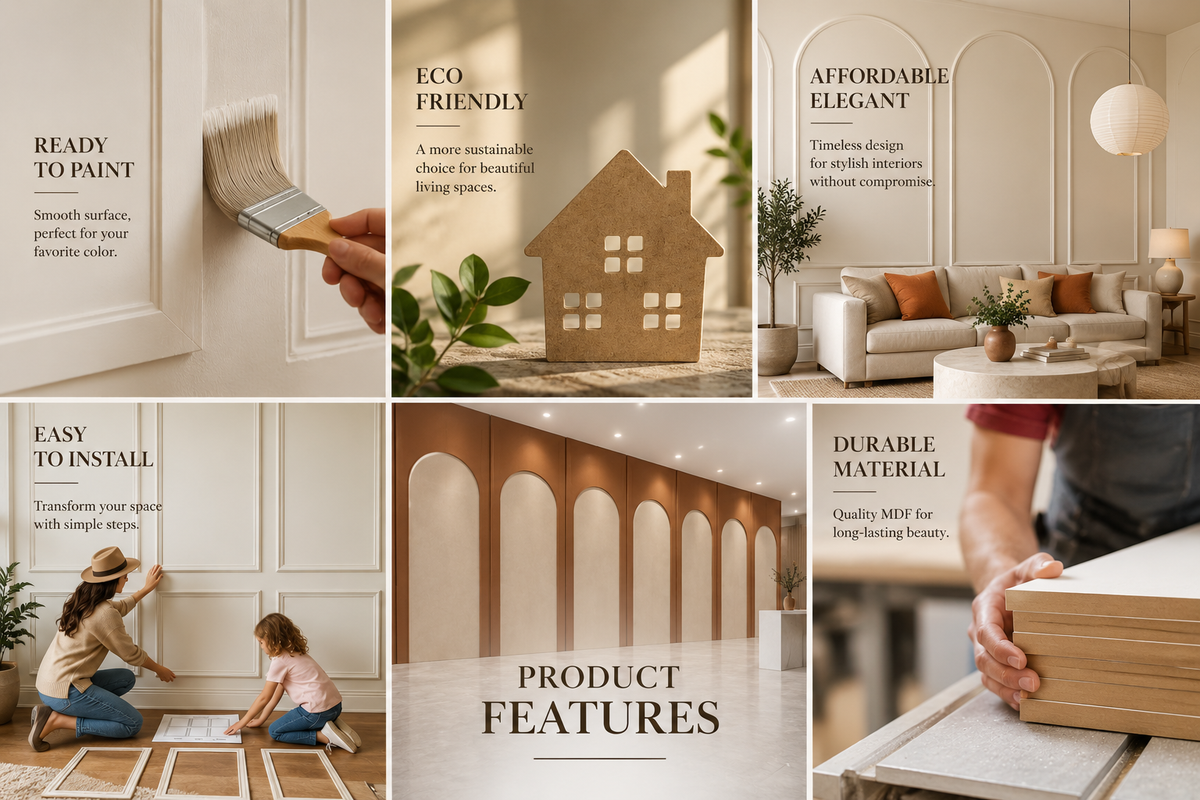 A six-panel promotional collage for wall paneling or interior flooring, showing a hand painting a wall, a small house model, a furnished living room, children installing panels, a hallway with arched wood panels, and a close-up of stacked wood boards. Text highlights features like ready to paint, eco friendly, affordable elegant, easy install, product features, and durable material.