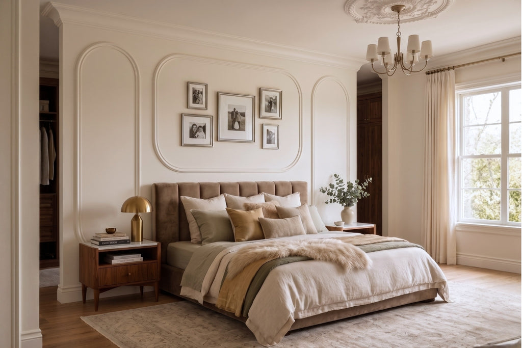 Modern luxury bedroom featuring an installed arched MDF wall molding kit behind the bed, creating an elegant contemporary accent wall with soft neutral décor.