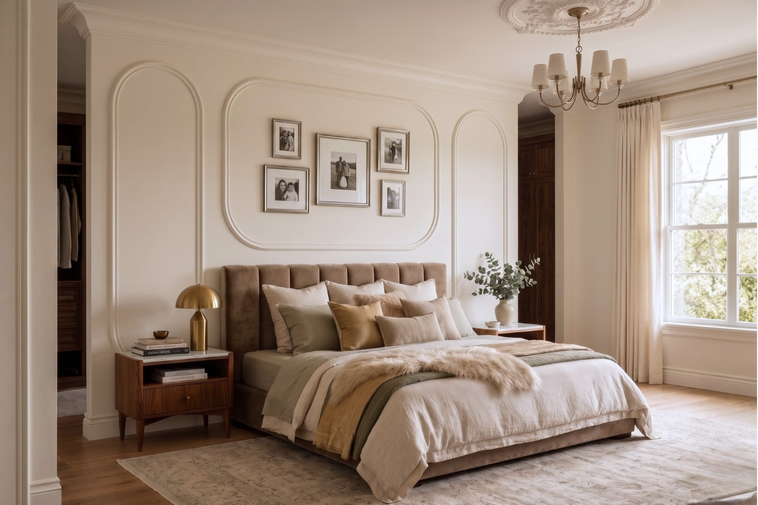 Modern luxury bedroom featuring an installed arched MDF wall molding kit behind the bed, creating an elegant contemporary accent wall with soft neutral décor.