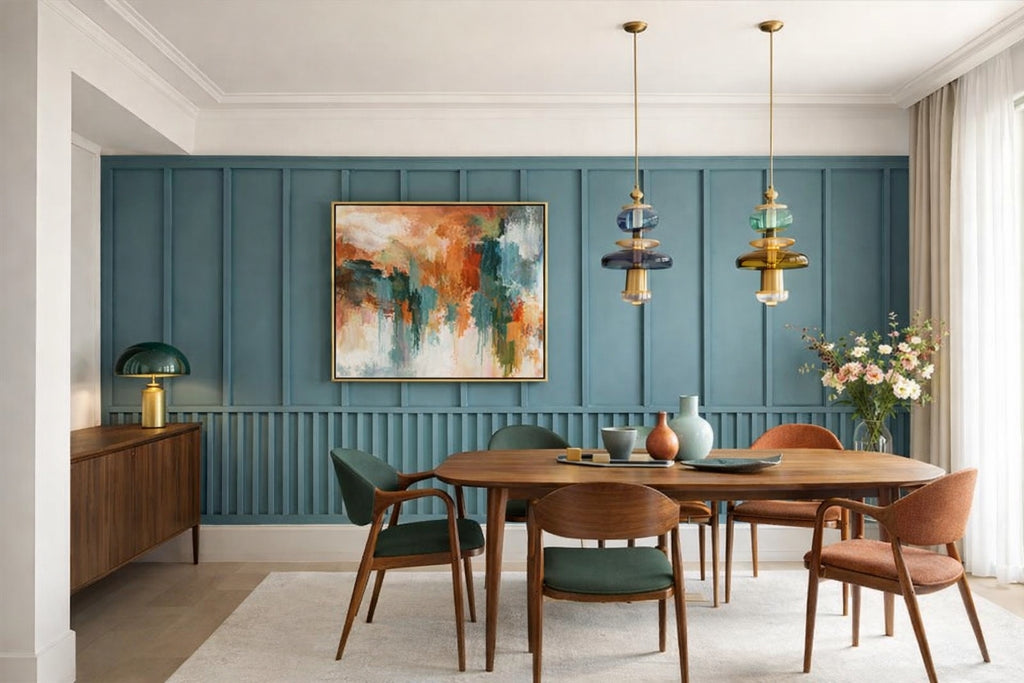 Modern dining room with wooden table, chairs, and abstract painting on a blue vertical wall molding panels and 4cm architectural trim design