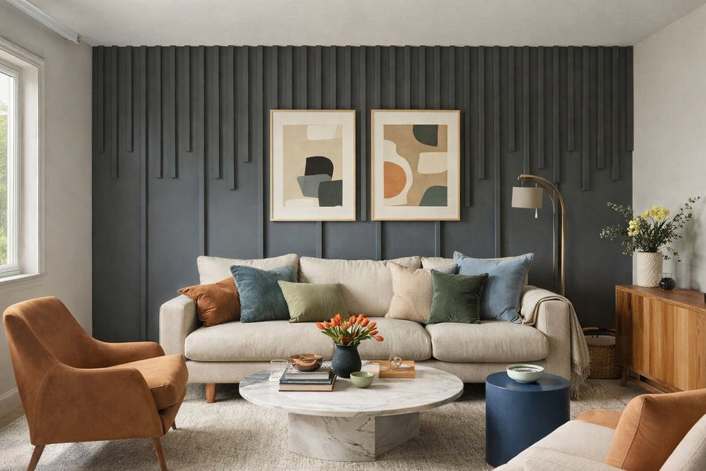 Elegant living room decorated with a paintable 4cm polystyrene wall molding kit creating a luxury architectural accent wall with modern decorative trim with a gray sofa, brown armchair, and abstract art on the wall.