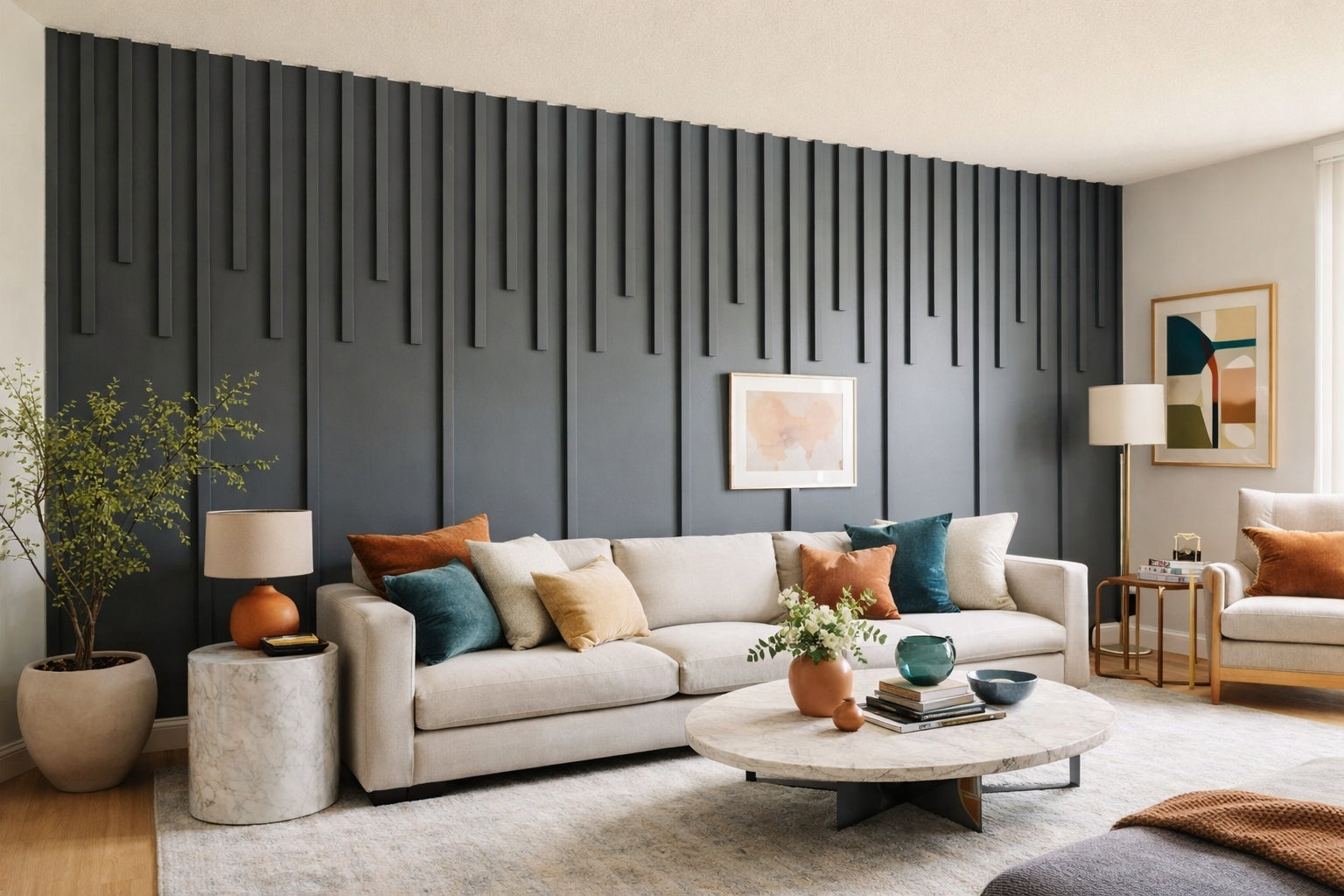 Modern living room featuring a ready-to-install 4cm polystyrene wall molding kit with elegant paintable decorative wall trim and contemporary accent wall design  with gray sofa, decorative pillows.