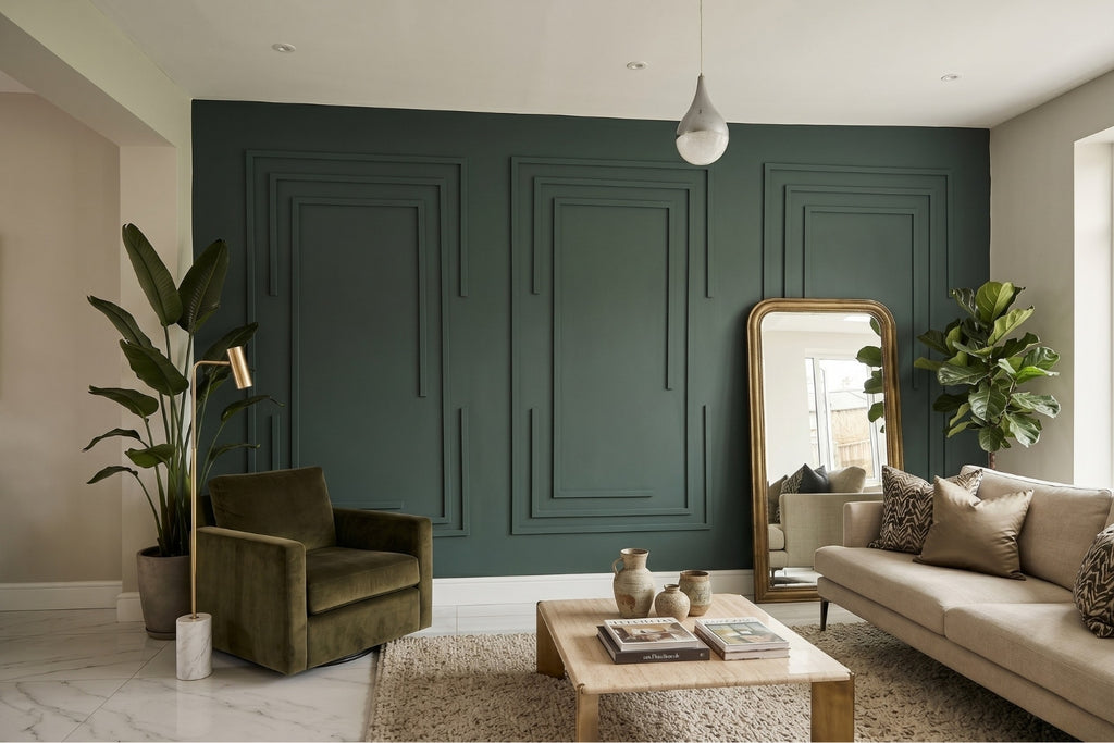 Modern living room featuring elegant wall molding panels with beige sofa, and decorative items.