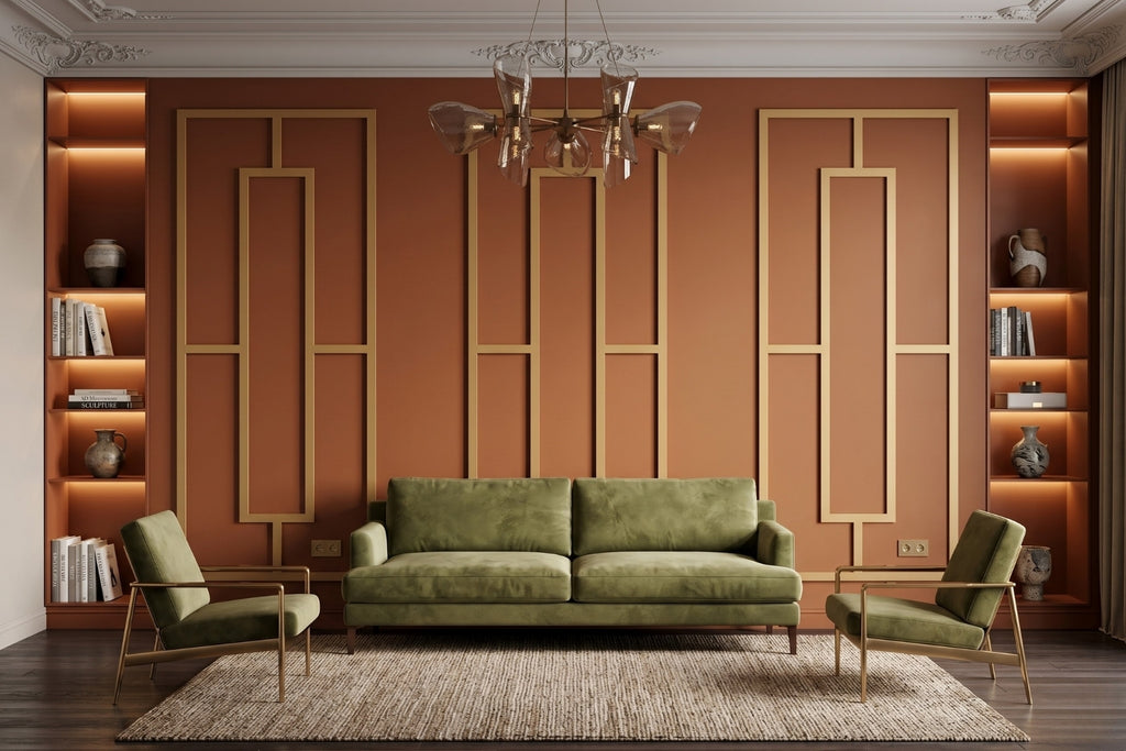 Modern living room featuring decorative wall molding panels created with pre-cut polystyrene wall trim for a luxury accent wall with green sofa, chairs.