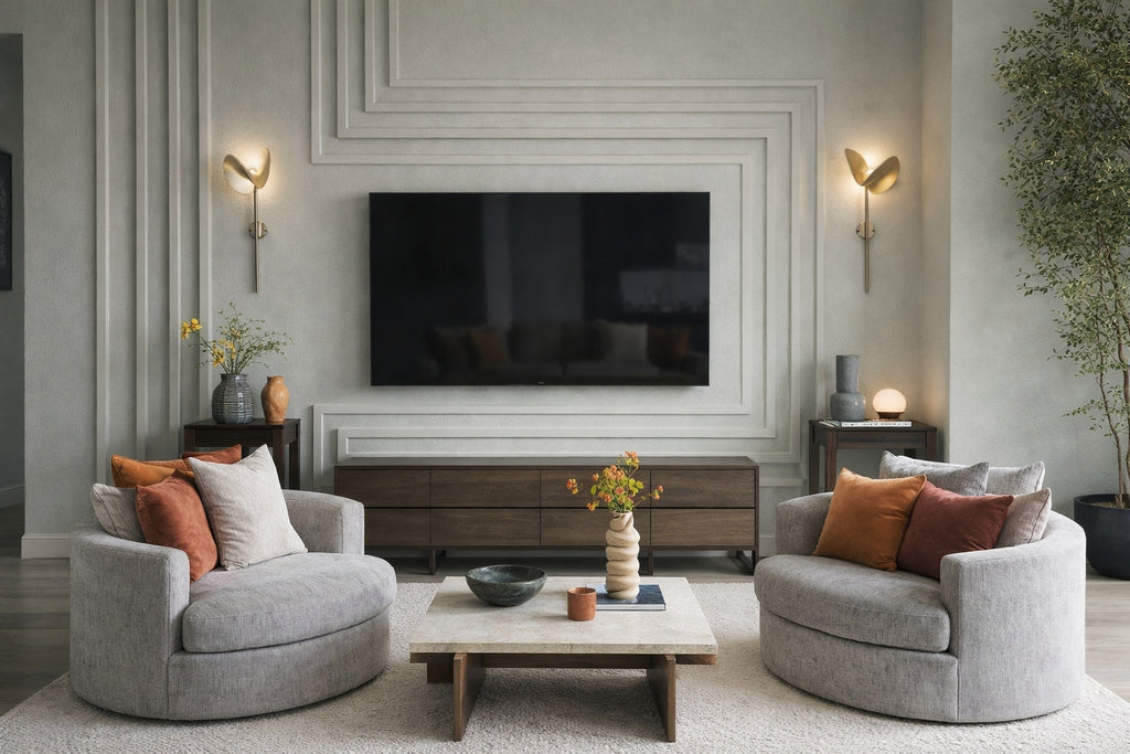 Modern living room featuring U-shaped wall molding design around TV unit with 4cm polystyrene trim and contemporary wall panel detailing-with gray armchairs, a coffee table, and a television.