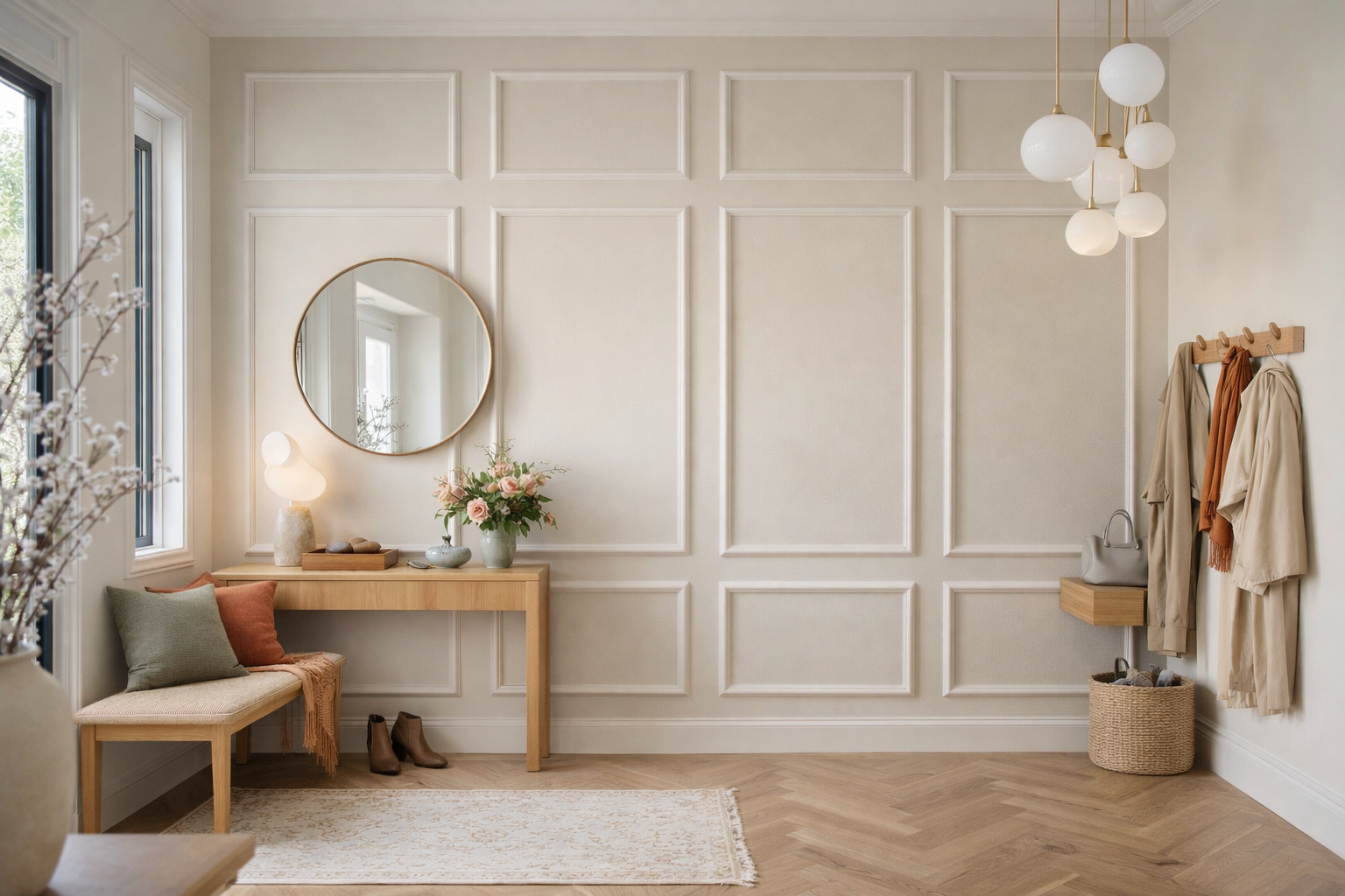 Modern wall molding features wall design with a wooden console table, a round mirror, and decorative elements.