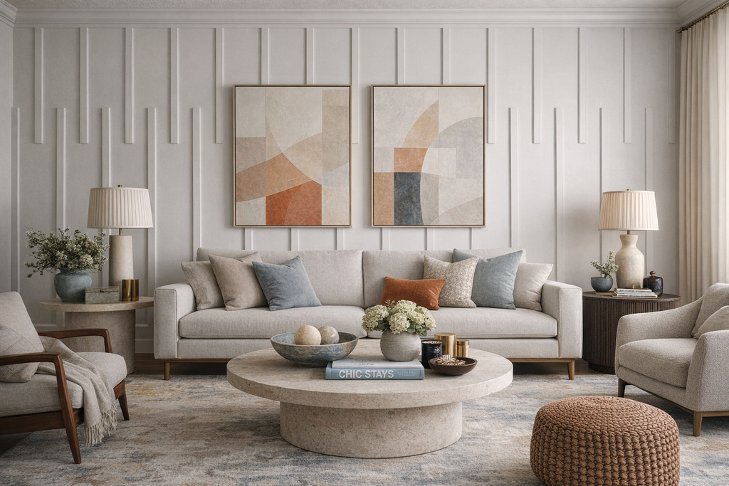 modern accent wall molding design installed in contemporary living room with gray sofa, round coffee table, and abstract wall art.