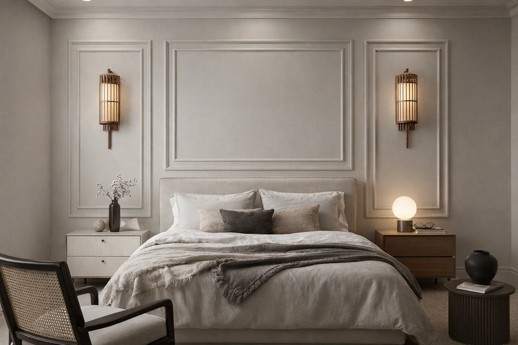 A modern bedroom interior featuring a neatly made bed with neutral-toned bedding, flanked by matching bedside tables and wall sconces in a symmetrical, elegant room design.