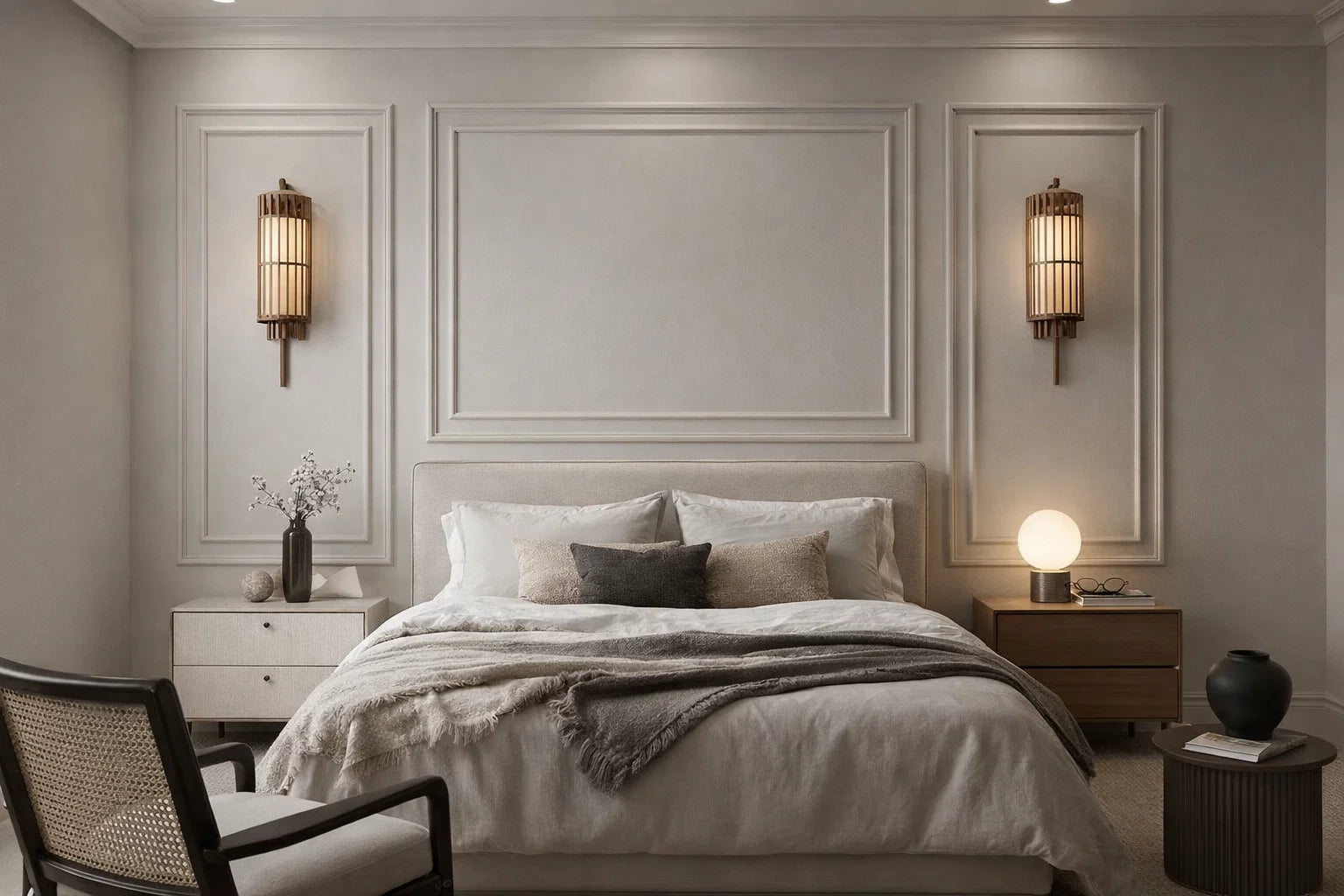 A modern bedroom interior featuring a neatly made bed with neutral-toned bedding, flanked by matching bedside tables and wall sconces in a symmetrical, elegant room design.