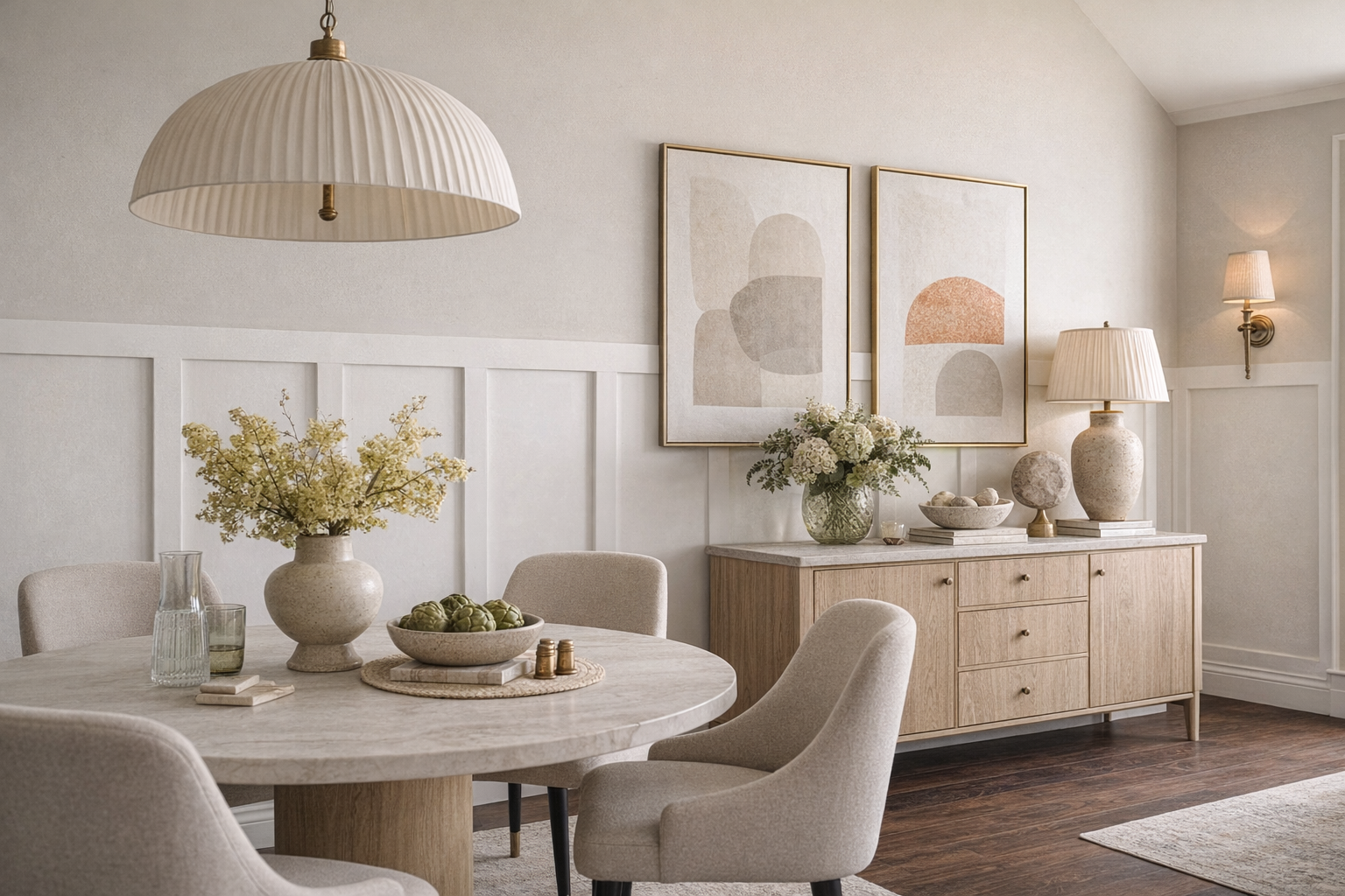 modern shaker wall panel molding design installed in the dining room with a round table, chairs, and wall art.