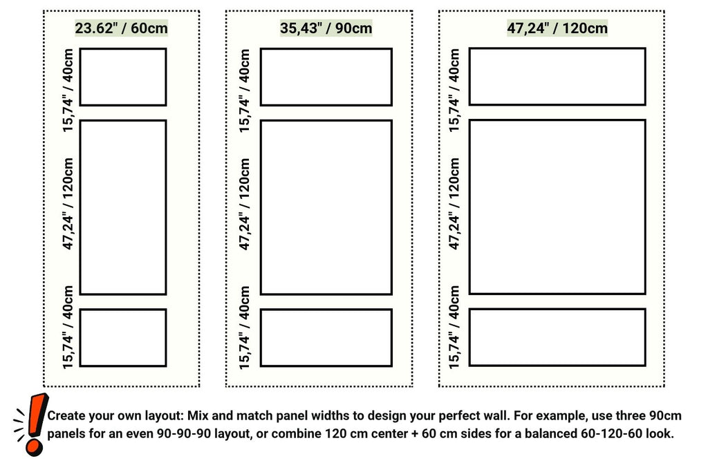 Modular wall molding combination layout with 60 cm (23.6”), 90 cm (35.4”), and 120 cm (47.2”) panel width options for custom interior design configurations